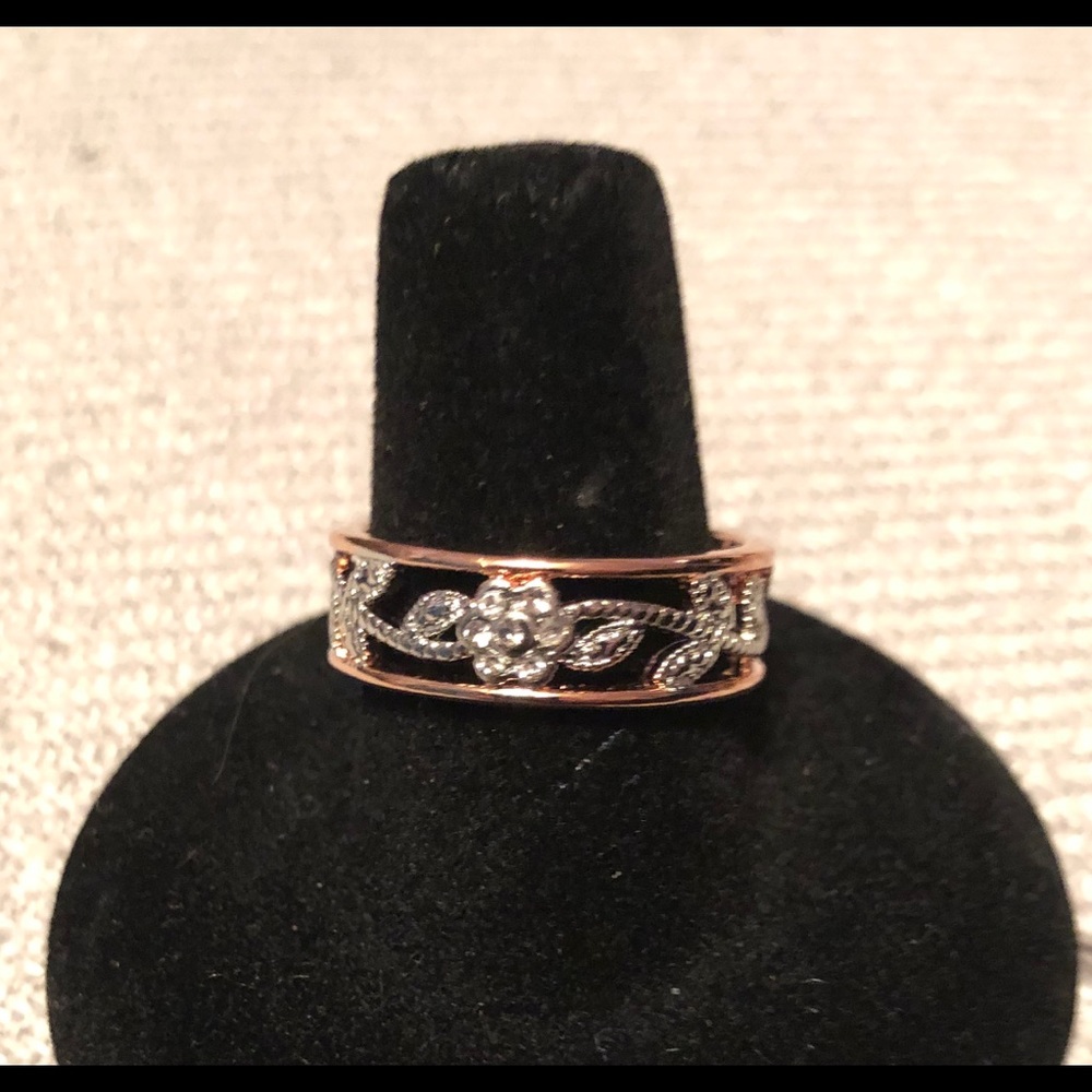 18k Rose Gold Ring Band Filigree Diamond Floral